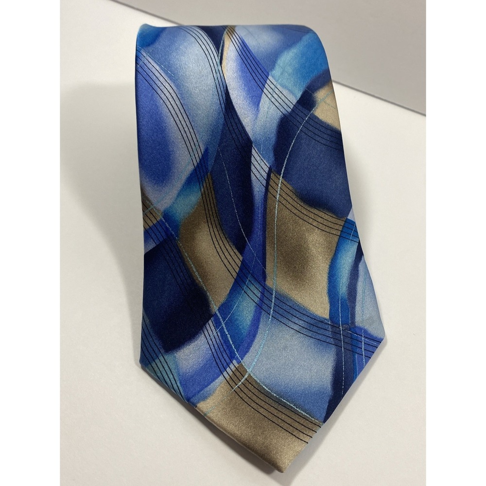 J. Garcia Mens Tie 100% Silk Collection Fifty-Six Abstract Blue Tan Necktie